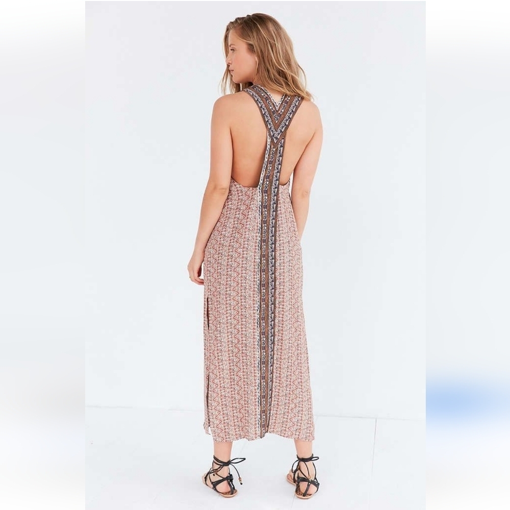 Ecote Striped Tribal Print Maxi Dress Size S Racerback Tan Boho Beach Summer